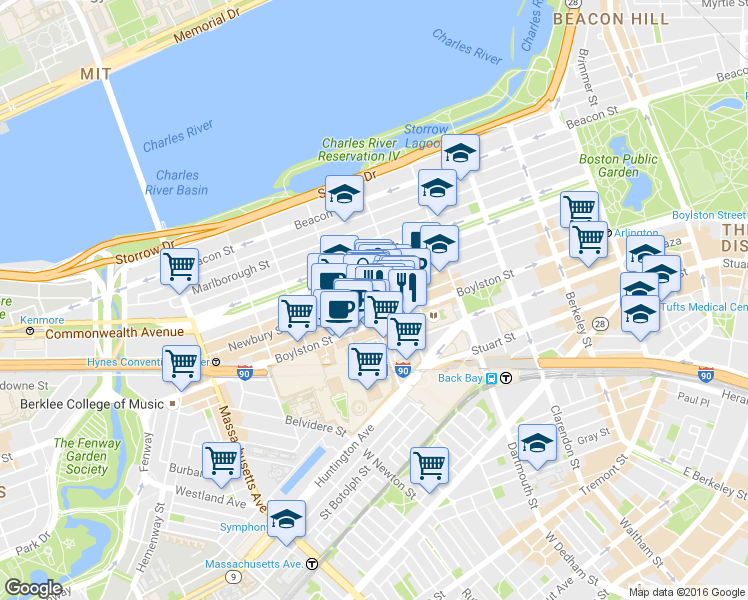 map of restaurants, bars, coffee shops, grocery stores, and more near 754 Boylston Street in Boston