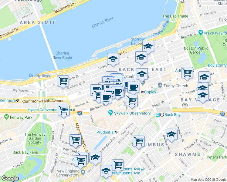 map of restaurants, bars, coffee shops, grocery stores, and more near 219 Newbury Street in Boston
