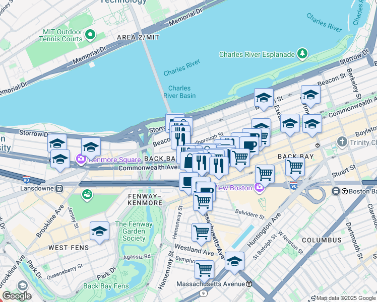 map of restaurants, bars, coffee shops, grocery stores, and more near 345 Commonwealth Avenue in Boston
