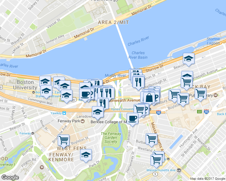 map of restaurants, bars, coffee shops, grocery stores, and more near 461 Commonwealth Avenue in Boston