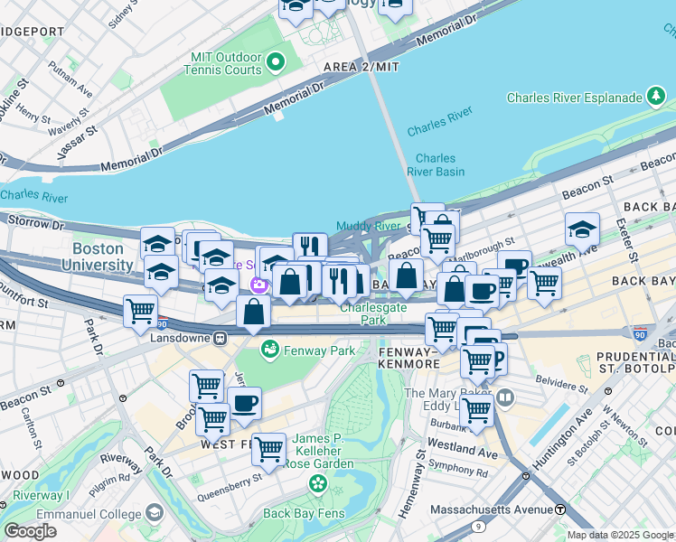 map of restaurants, bars, coffee shops, grocery stores, and more near 483 Commonwealth Avenue in Boston