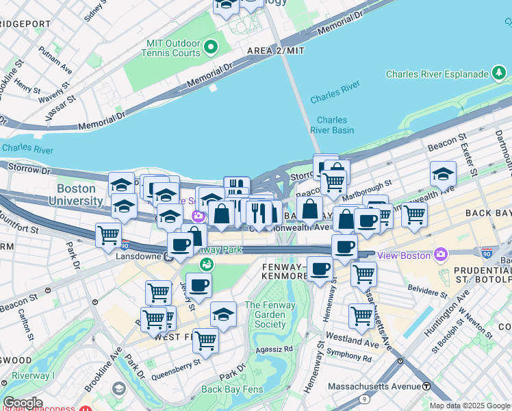 map of restaurants, bars, coffee shops, grocery stores, and more near 483 Commonwealth Avenue in Boston
