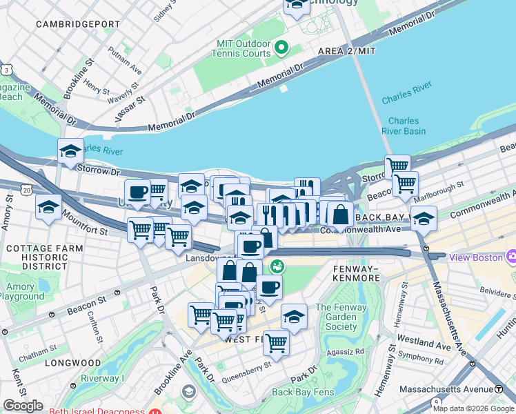 map of restaurants, bars, coffee shops, grocery stores, and more near 585 Commonwealth Avenue in Boston