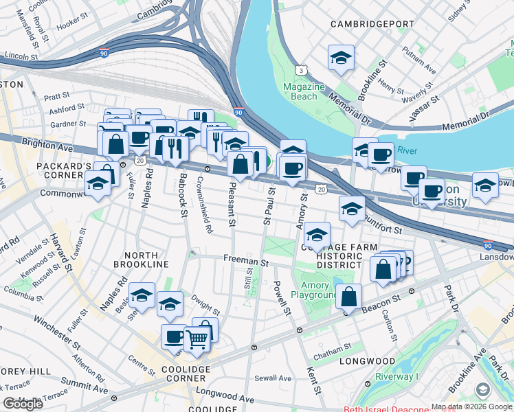 map of restaurants, bars, coffee shops, grocery stores, and more near 49 Egmont Street in Brookline