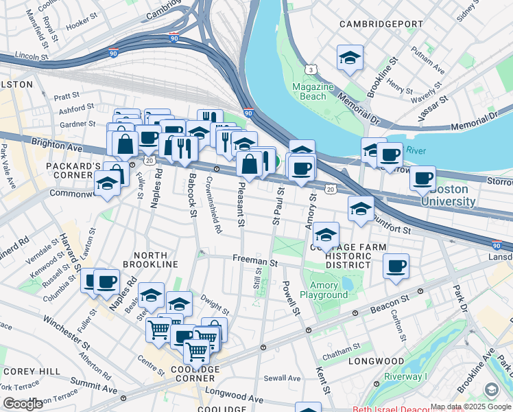 map of restaurants, bars, coffee shops, grocery stores, and more near 76 Egmont Street in Brookline