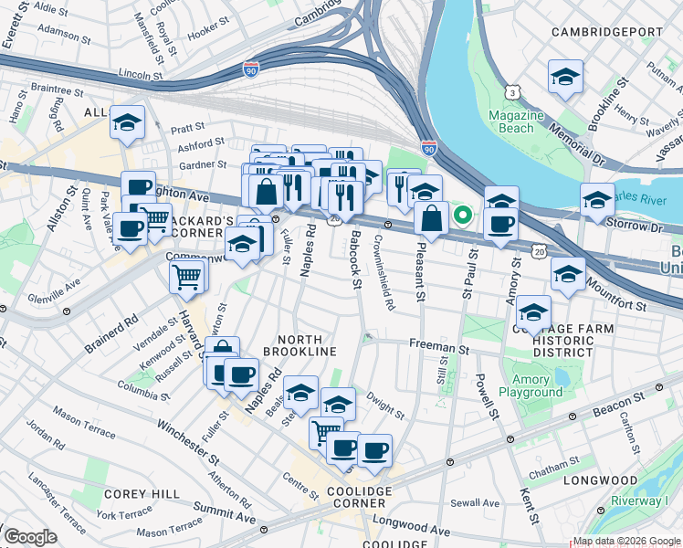 map of restaurants, bars, coffee shops, grocery stores, and more near 27 Osborne Road in Brookline