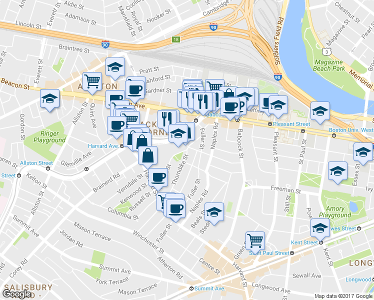 map of restaurants, bars, coffee shops, grocery stores, and more near 168 Coolidge Street in Brookline