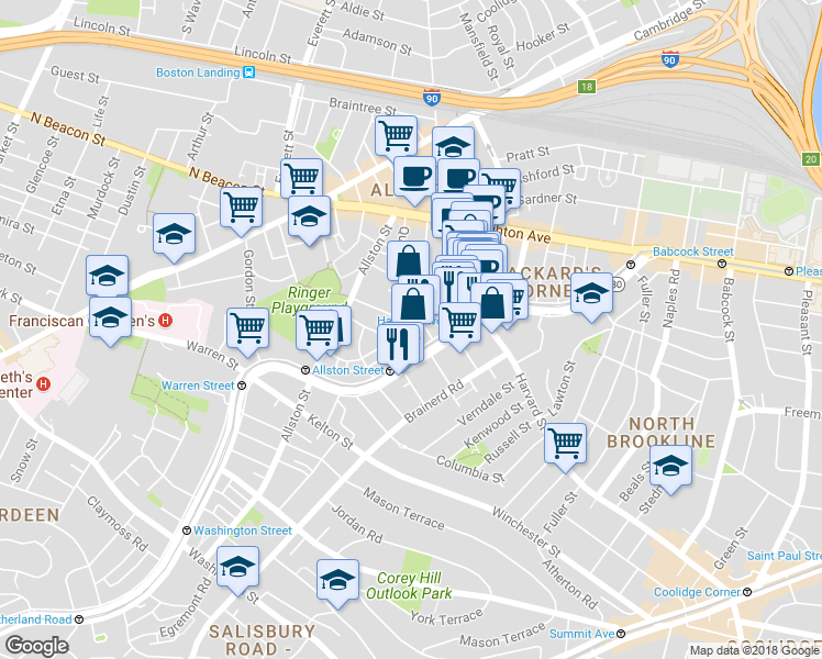 map of restaurants, bars, coffee shops, grocery stores, and more near 66 Glenville Avenue in Boston