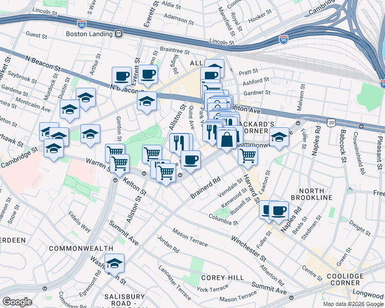 map of restaurants, bars, coffee shops, grocery stores, and more near 66 Glenville Avenue in Boston