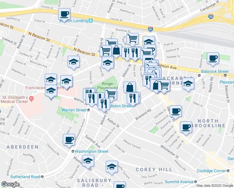 map of restaurants, bars, coffee shops, grocery stores, and more near 28 Long Avenue in Boston