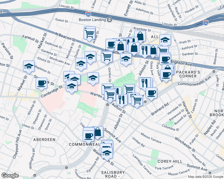 map of restaurants, bars, coffee shops, grocery stores, and more near 103 Gordon Street in Boston