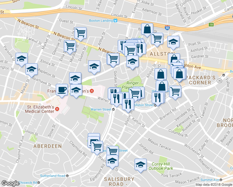 map of restaurants, bars, coffee shops, grocery stores, and more near 103 Gordon Street in Boston