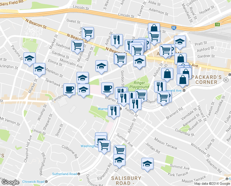 map of restaurants, bars, coffee shops, grocery stores, and more near 103 Gordon Street in Boston