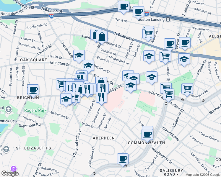 map of restaurants, bars, coffee shops, grocery stores, and more near 736 Cambridge Street in Boston