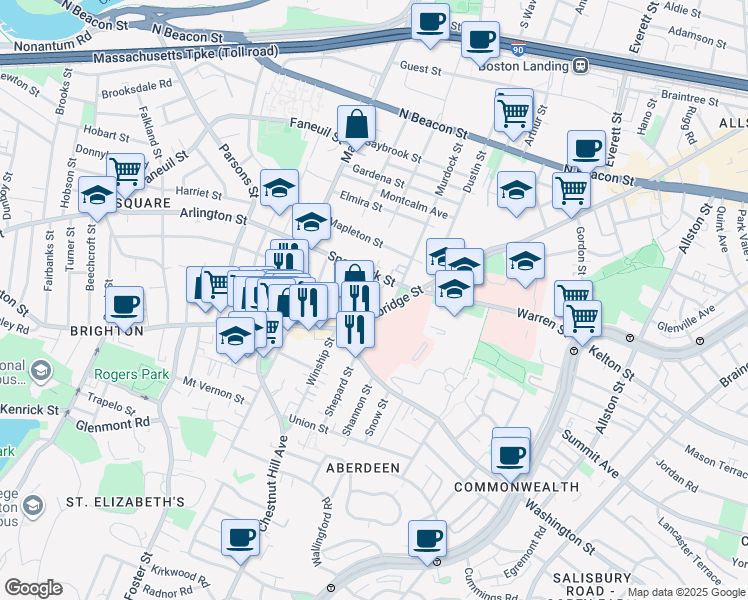 map of restaurants, bars, coffee shops, grocery stores, and more near 736 Cambridge Street in Boston
