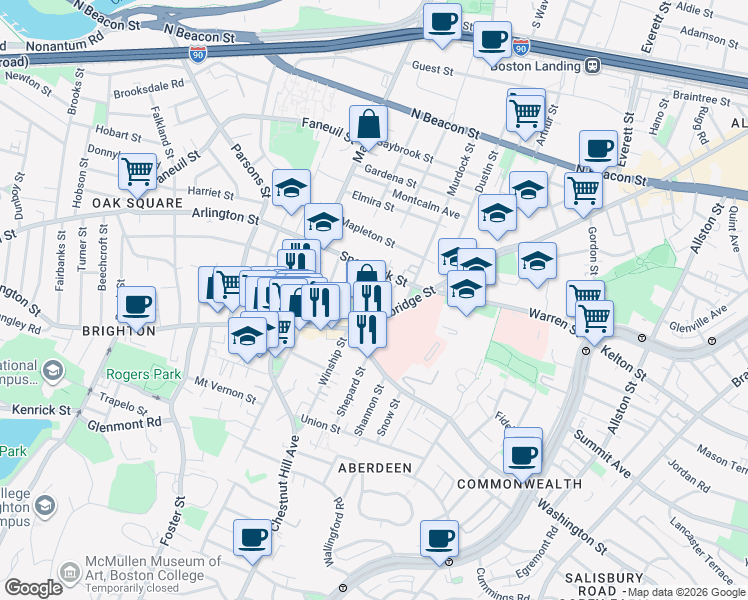 map of restaurants, bars, coffee shops, grocery stores, and more near 736 Cambridge Street in Boston
