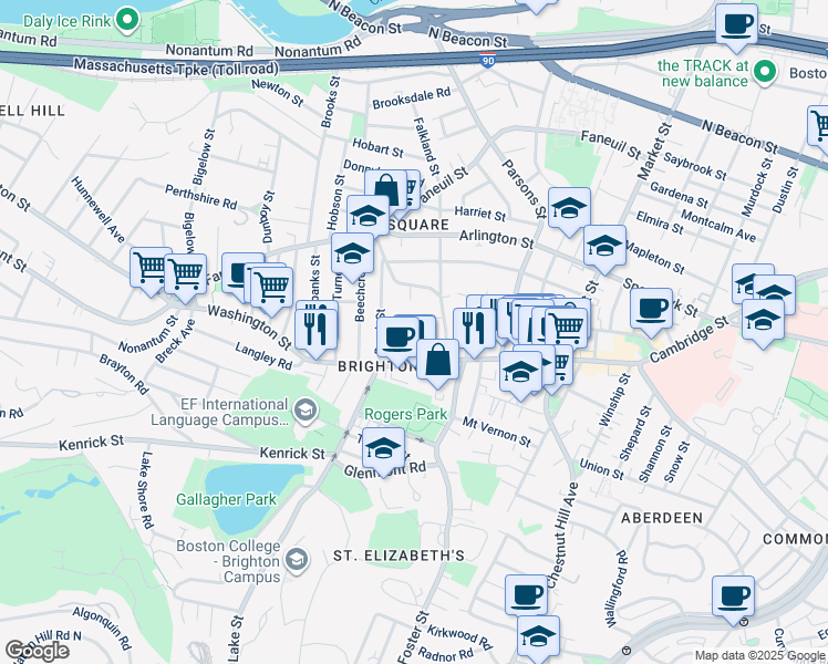 map of restaurants, bars, coffee shops, grocery stores, and more near 57 Malbert Road in Boston