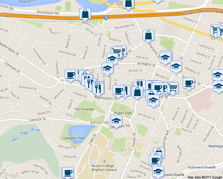 map of restaurants, bars, coffee shops, grocery stores, and more near 10 Beechcroft Street in Boston