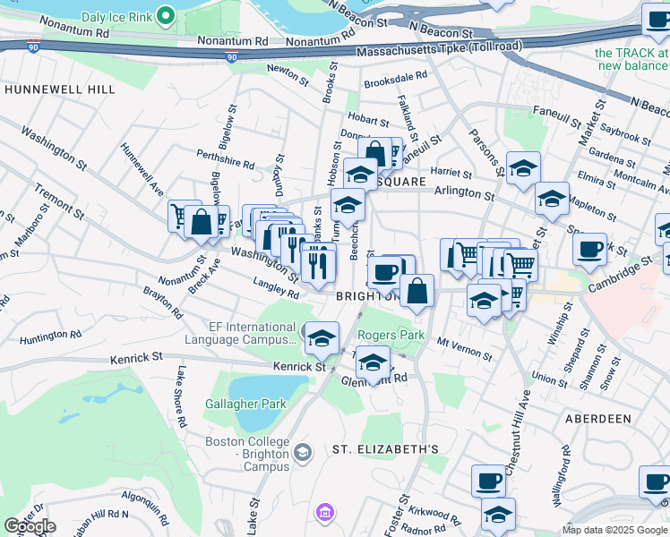 map of restaurants, bars, coffee shops, grocery stores, and more near 10 Beechcroft Street in Boston