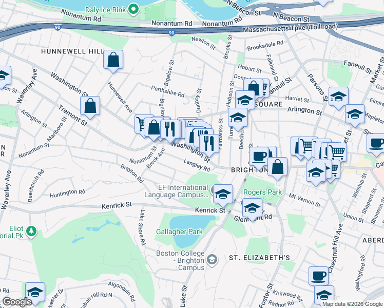map of restaurants, bars, coffee shops, grocery stores, and more near 50 Langley Road in Boston
