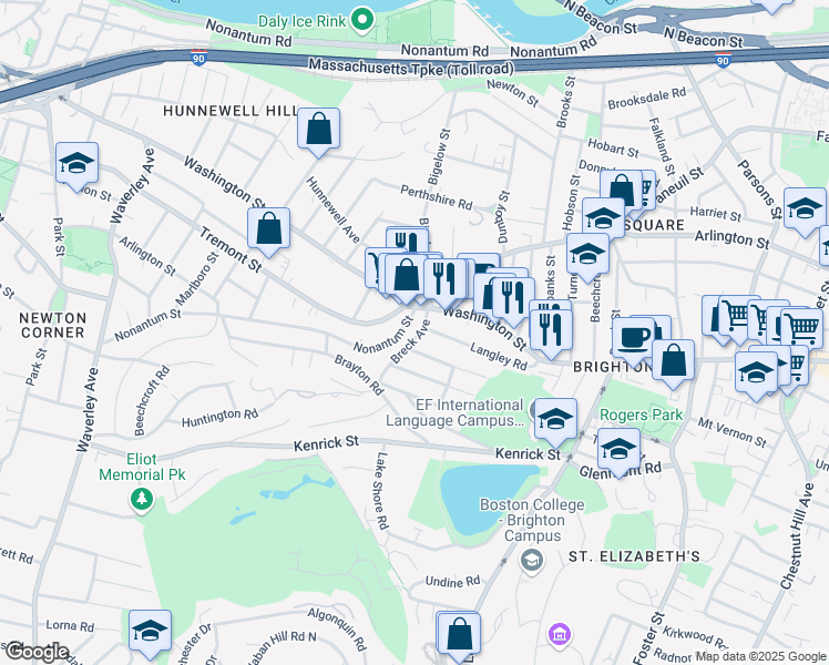 map of restaurants, bars, coffee shops, grocery stores, and more near 18 North Crescent Circuit in Boston