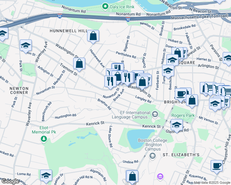map of restaurants, bars, coffee shops, grocery stores, and more near 32 Nonantum Street in Boston