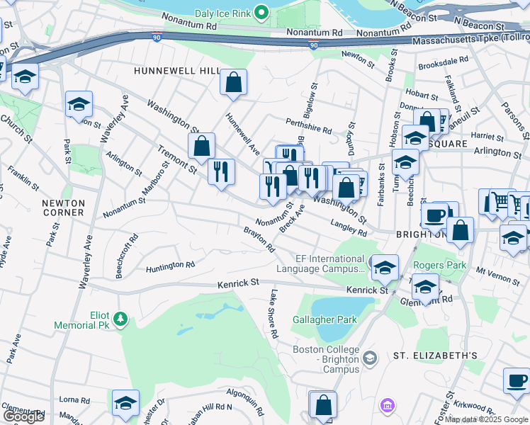 map of restaurants, bars, coffee shops, grocery stores, and more near 73 A Nonantum Street in Boston