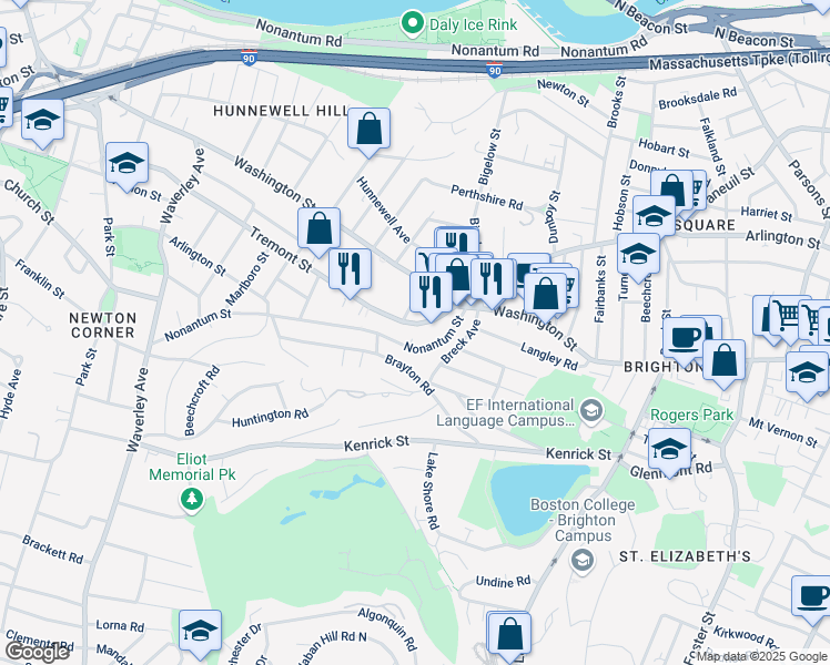 map of restaurants, bars, coffee shops, grocery stores, and more near 73 A Nonantum Street in Boston