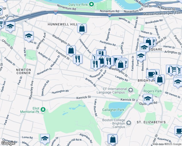 map of restaurants, bars, coffee shops, grocery stores, and more near 73 A Nonantum Street in Boston
