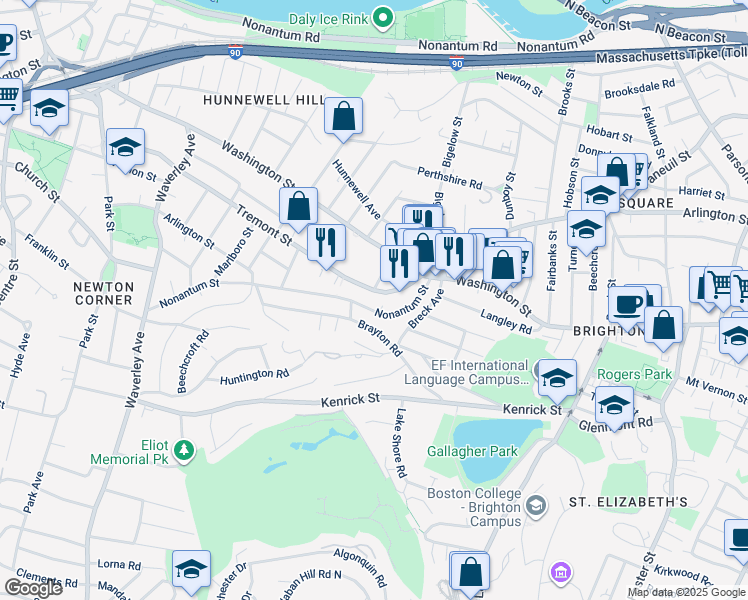 map of restaurants, bars, coffee shops, grocery stores, and more near 73 A Nonantum Street in Boston