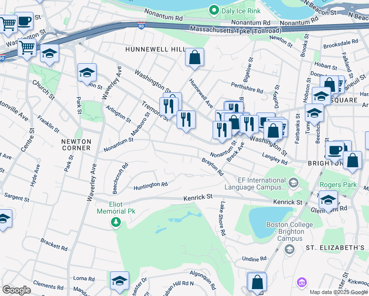 map of restaurants, bars, coffee shops, grocery stores, and more near 149 Brayton Road in Boston