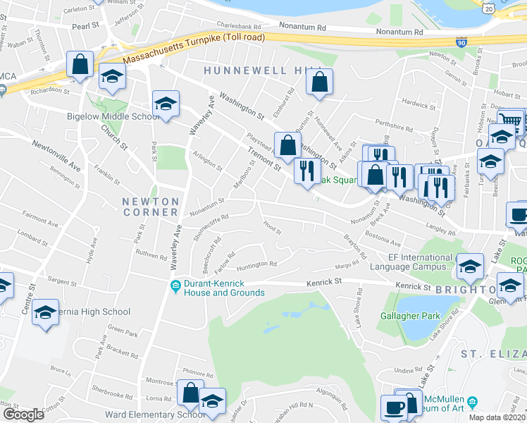 map of restaurants, bars, coffee shops, grocery stores, and more near 24 Hood Street in Newton