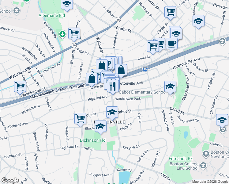 map of restaurants, bars, coffee shops, grocery stores, and more near 345 Walnut Street in Newton