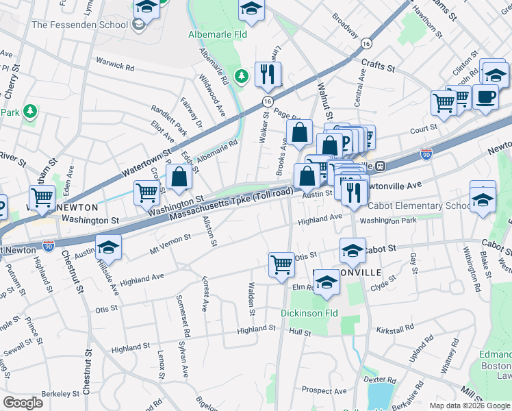 map of restaurants, bars, coffee shops, grocery stores, and more near 29 Gray Birch Terrace in Newton