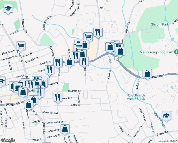 map of restaurants, bars, coffee shops, grocery stores, and more near 44 Curtis Avenue in Marlborough