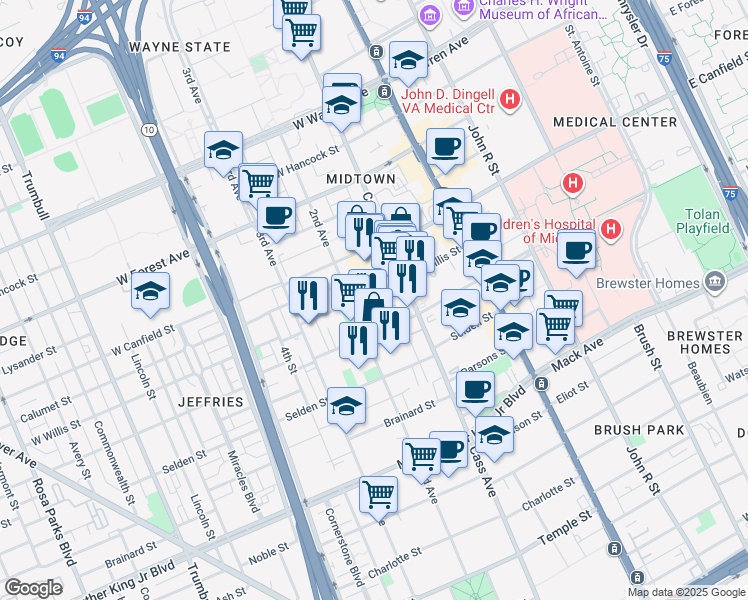 map of restaurants, bars, coffee shops, grocery stores, and more near 4140 2nd Avenue in Detroit