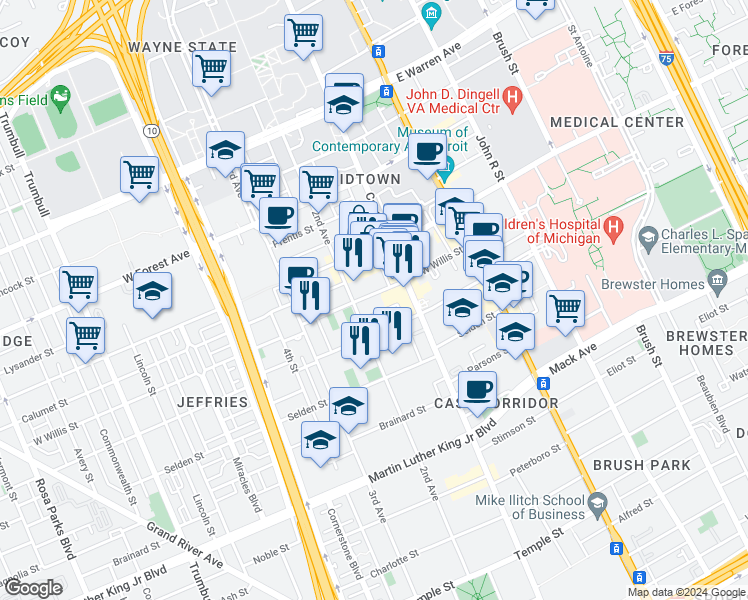 map of restaurants, bars, coffee shops, grocery stores, and more near 4140 2nd Avenue in Detroit