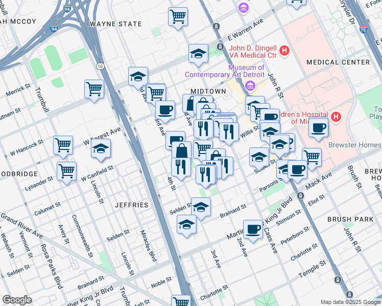 map of restaurants, bars, coffee shops, grocery stores, and more near 700 West Willis Street in Detroit