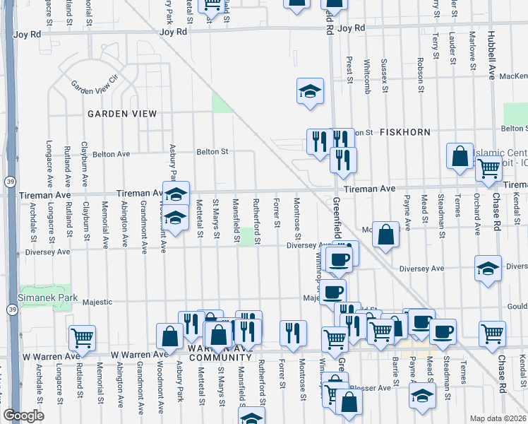map of restaurants, bars, coffee shops, grocery stores, and more near 7775 Forrer Street in Detroit