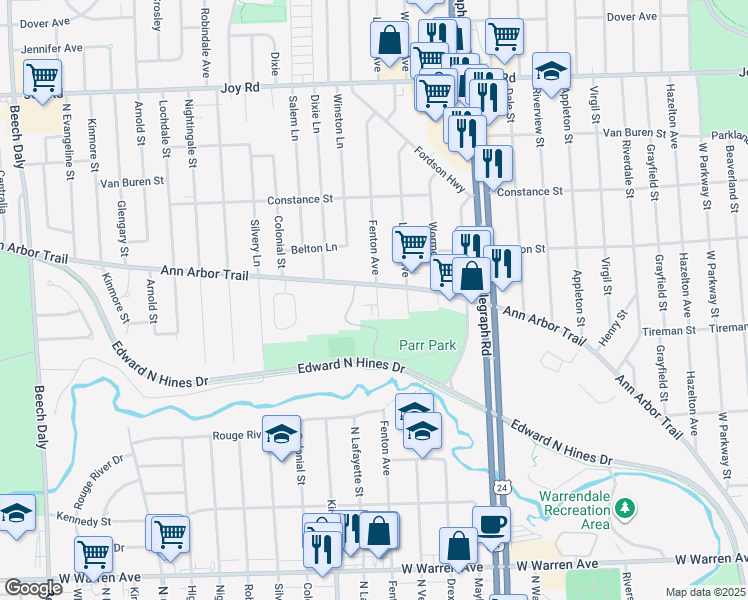 map of restaurants, bars, coffee shops, grocery stores, and more near 24541 Ann Arbor Trail in Dearborn Heights