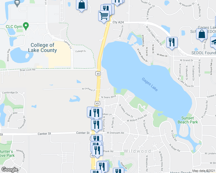 map of restaurants, bars, coffee shops, grocery stores, and more near 18897 West Orchard Lane in Grayslake