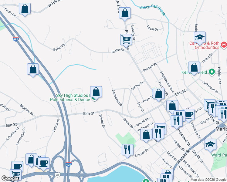 map of restaurants, bars, coffee shops, grocery stores, and more near 37 Roosevelt Street in Marlborough