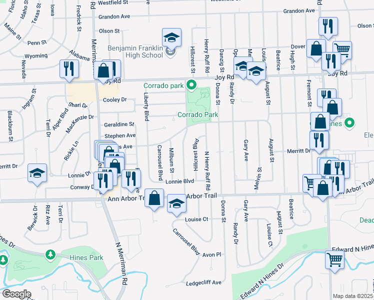map of restaurants, bars, coffee shops, grocery stores, and more near 8245 Flamingo Street in Westland