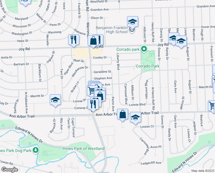 map of restaurants, bars, coffee shops, grocery stores, and more near 8334 Karen Street in Westland
