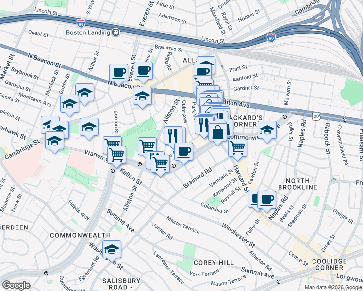 map of restaurants, bars, coffee shops, grocery stores, and more near 66 Glenville Avenue in Boston