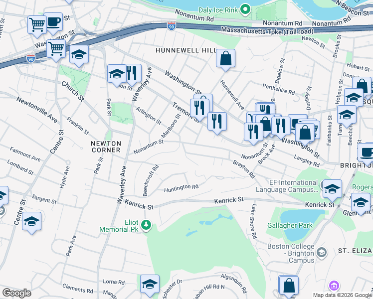 map of restaurants, bars, coffee shops, grocery stores, and more near 14 Hood Street in Newton