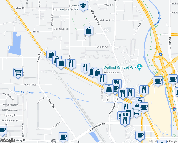 map of restaurants, bars, coffee shops, grocery stores, and more near 355 Berrydale Avenue in Medford