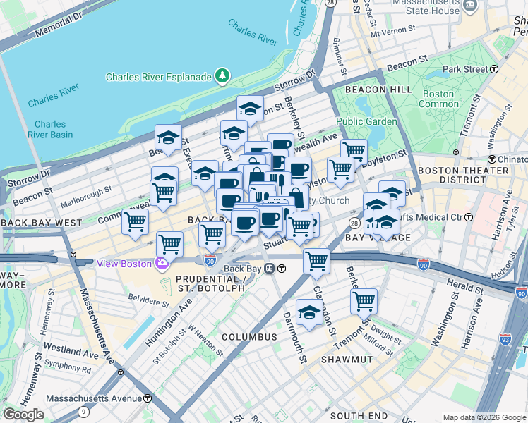 map of restaurants, bars, coffee shops, grocery stores, and more near 560 Boylston Street in Boston