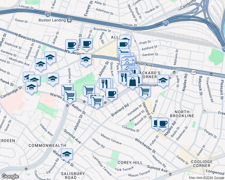 map of restaurants, bars, coffee shops, grocery stores, and more near 66 Glenville Avenue in Boston