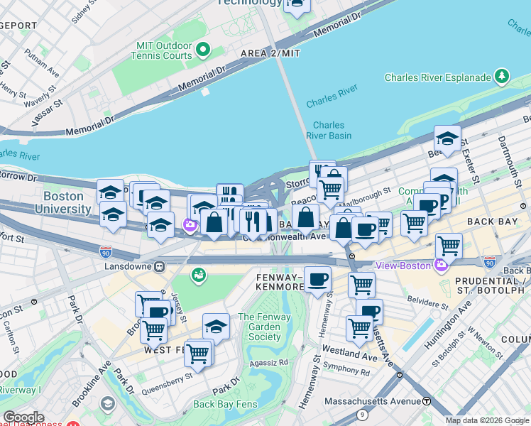 map of restaurants, bars, coffee shops, grocery stores, and more near 461 Commonwealth Avenue in Boston